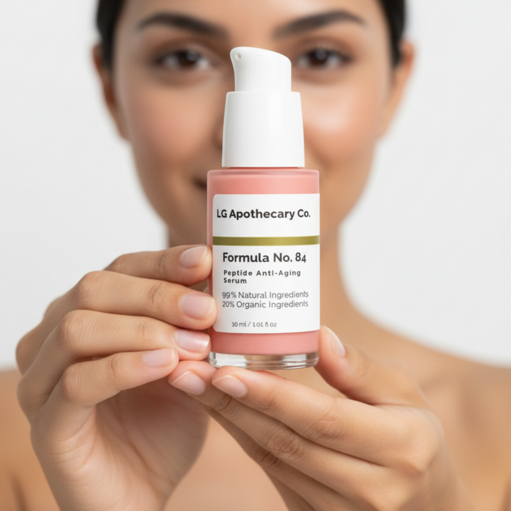 Person holding a bottle of LG Apothecary Co. skincare product against a neutral background