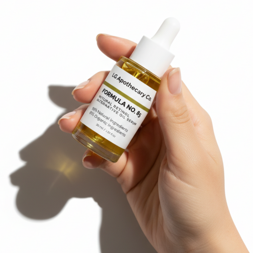 Hand holding a bottle of skincare serum with a white label on a white background