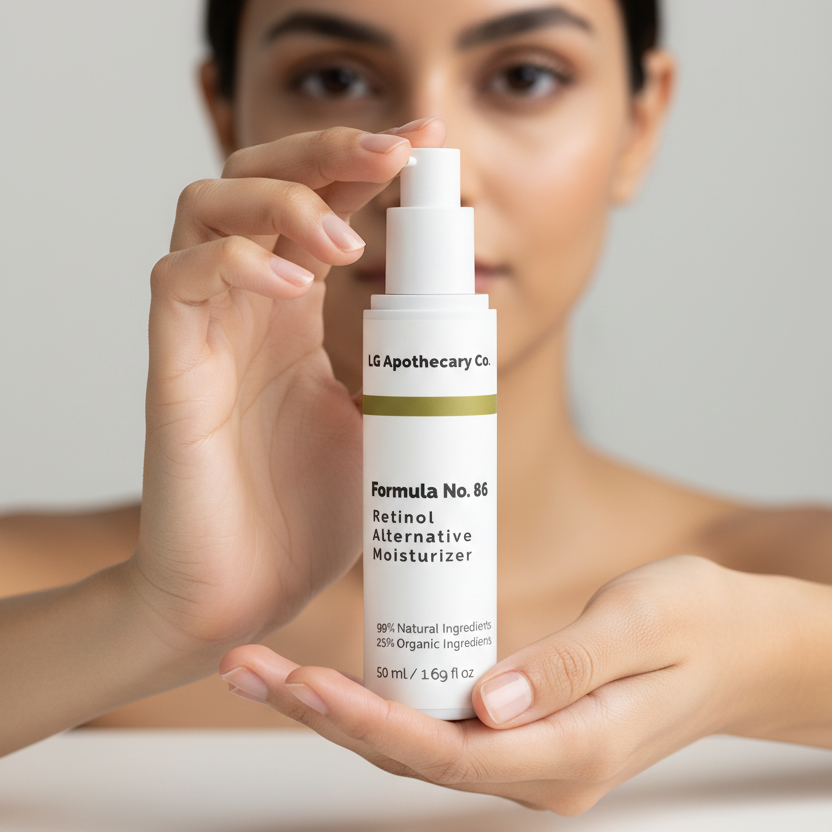 Person holding a bottle of LG Apothecary Co. Formula No. 88 Retinol Alternative Moisturizer.