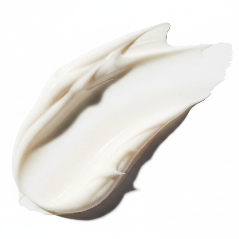 Close-up of a smooth, thick white cream swirl with Kojic Acid for Formula No. 87 Face & Body Exfoliator on a white background.