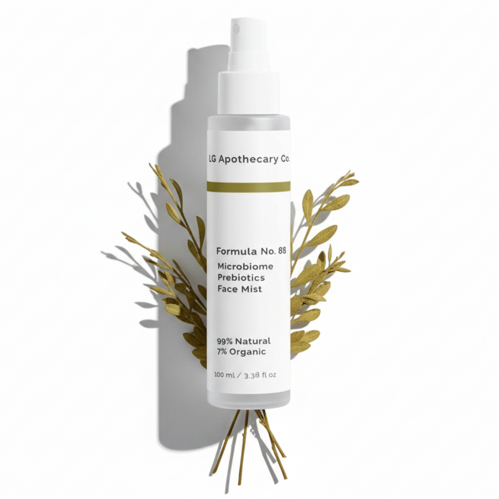 White spray bottle of Formula No. 88 Microbiome Prebiotics Face Mist centered in front of symmetrical olive-style leafy branches on a white background.