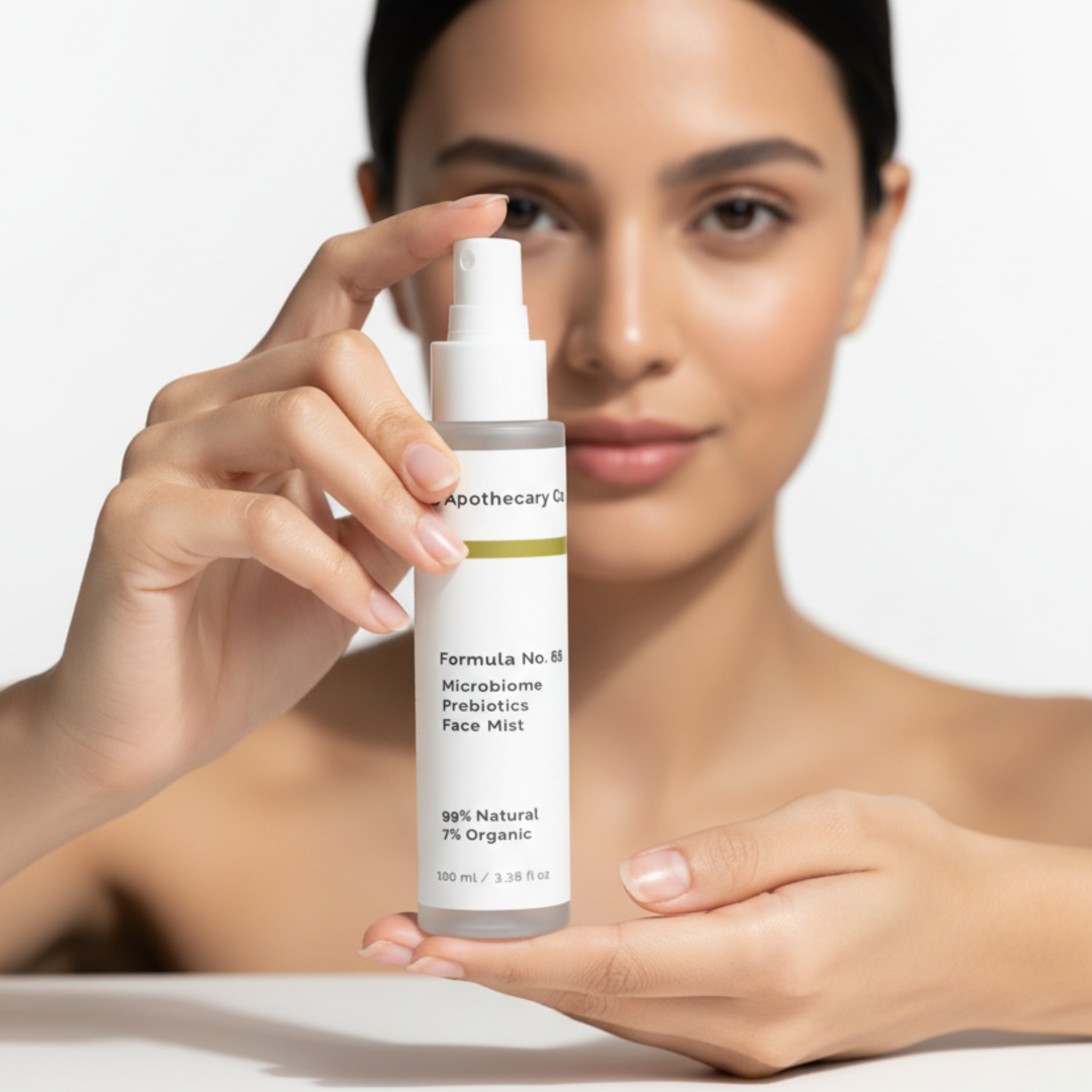 Woman holding a skincare product with a plain background