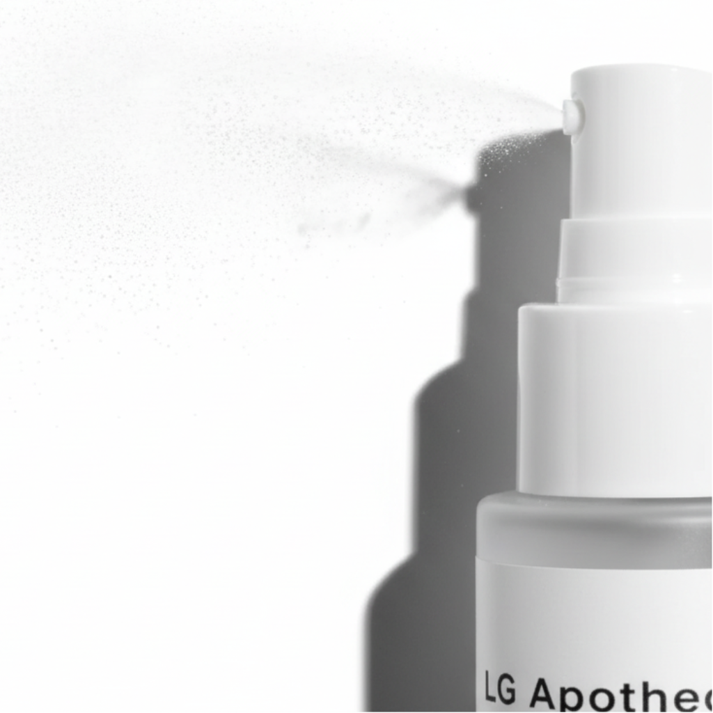 Close-up of a white spray nozzle dispensing an ultra-fine hydration mist of Formula No. 88 Microbiome Prebiotics Face Mist against a white background.