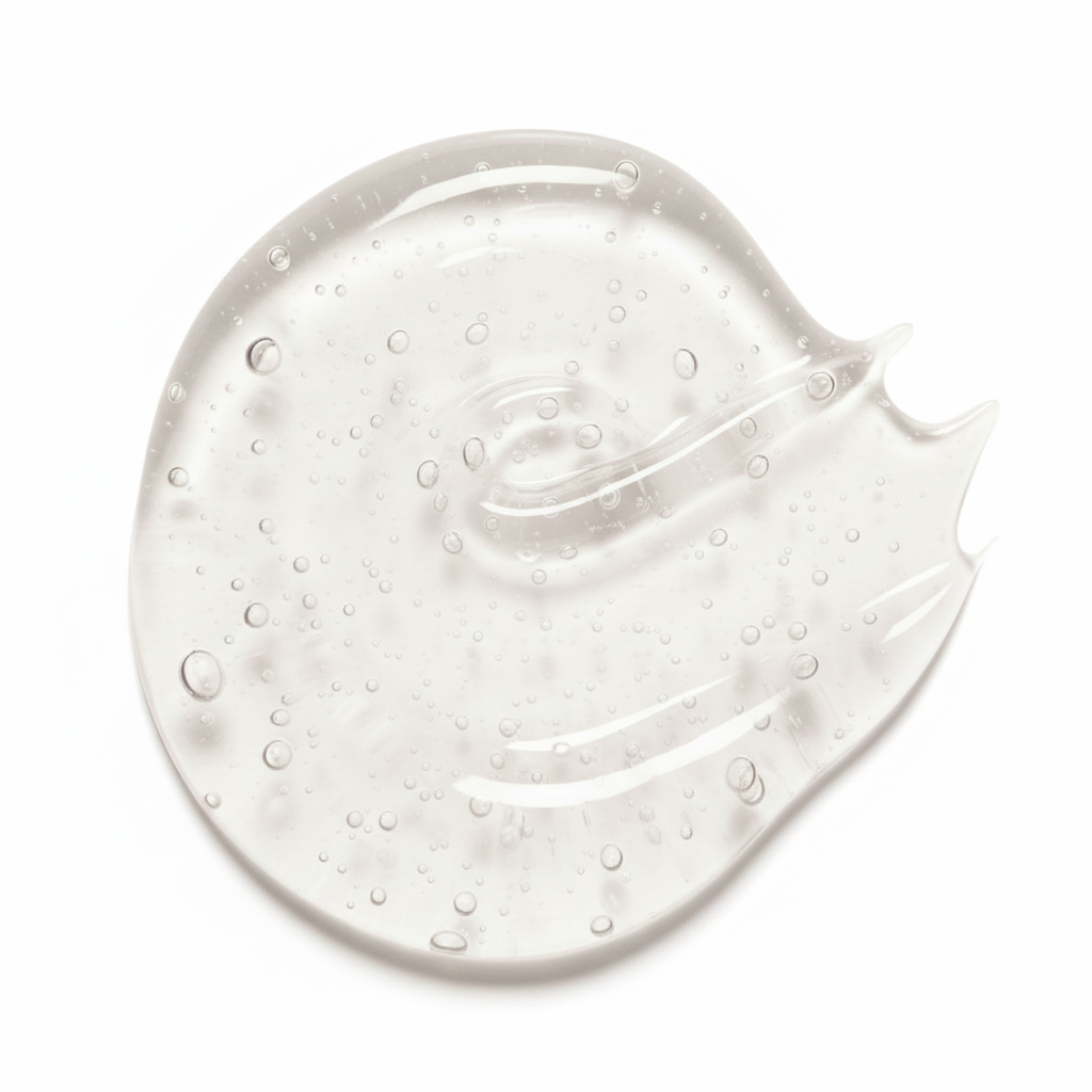 Clear, lightweight gel texture smear of Formula No. 89 Bioactive Prebiotics Jelly Serum with visible hydration bubbles on a white background.