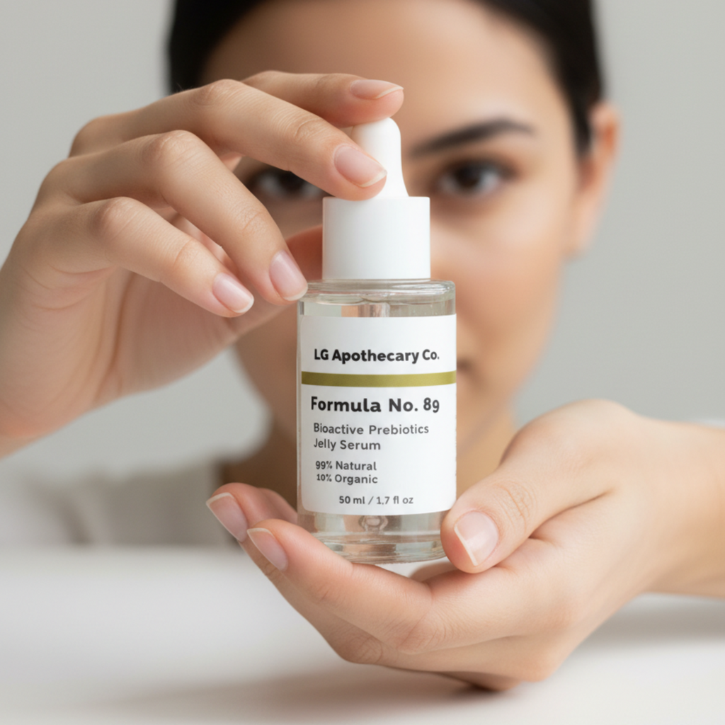 Person holding a bottle of LG Apothecary Co. Formula No. 89 Jelly Serum.
