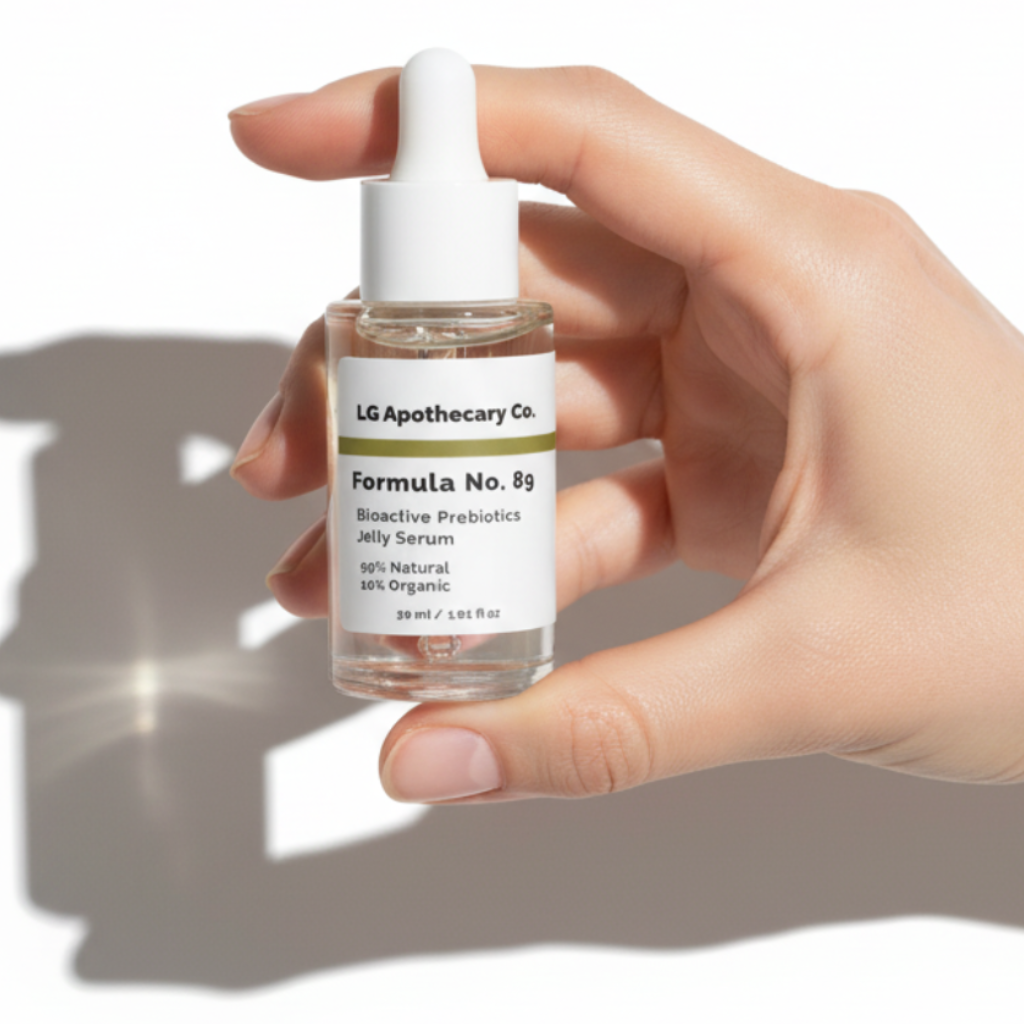 Hand holding a bottle of LG Apothecary Co. skincare product on a white background