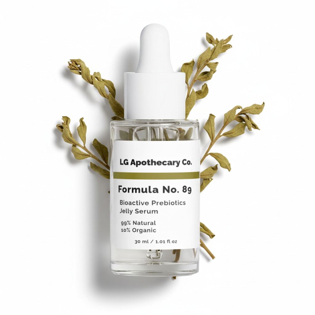 LG Apothecary Co. Formula No. 8g Bioactive Prebiotics Jelly Serum with decorative leaves on a white background