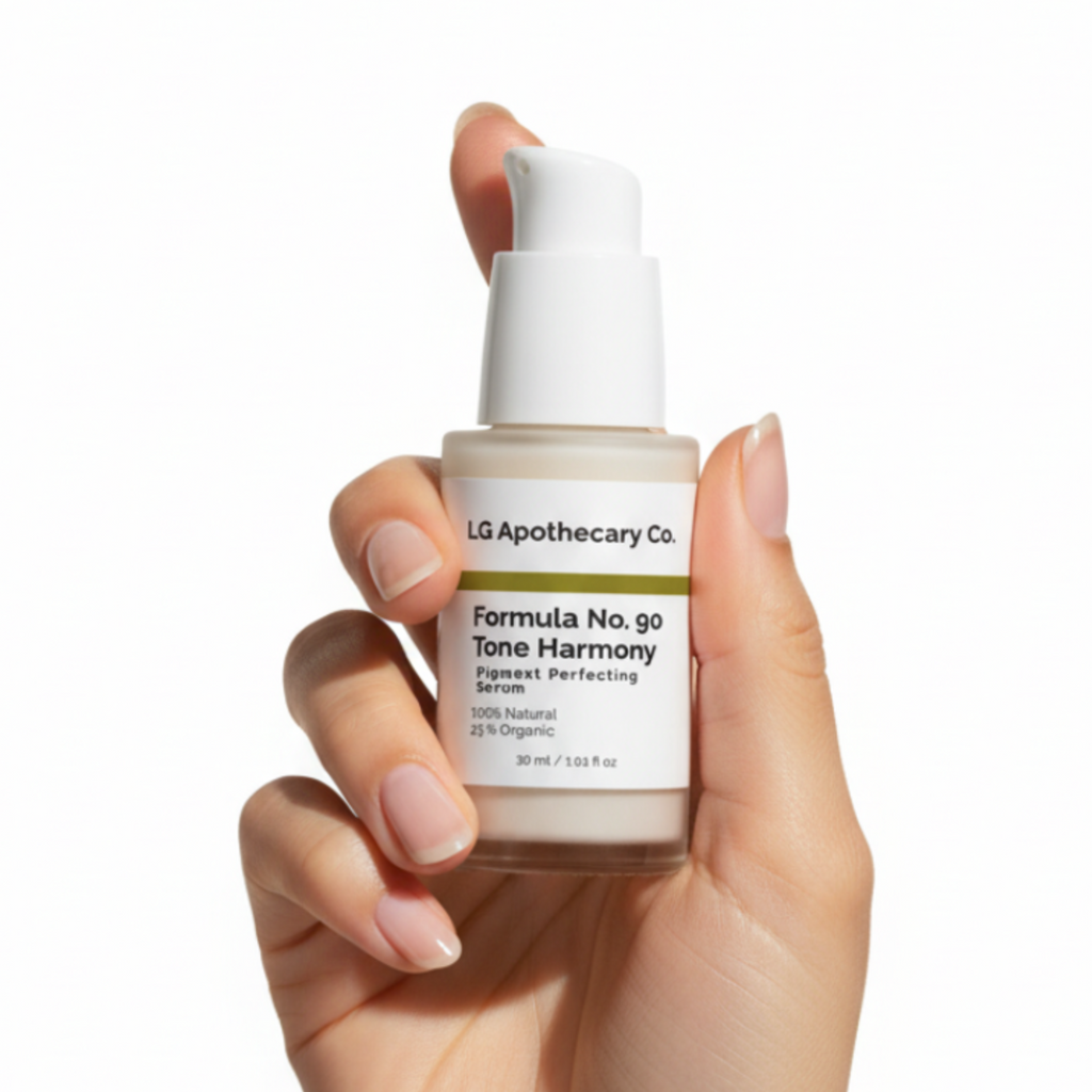 Hand holding a bottle of LA Apothecary Tone Harmony serum against a white background