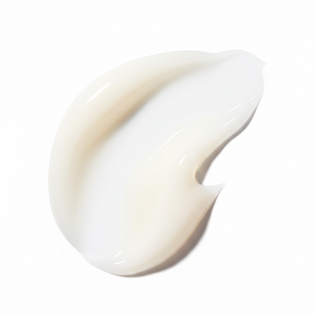 A high-clarity, milky-white texture smear of Formula No. 90 Tone Harmony Serum, showing a smooth and luminous viscosity against a crisp white background with soft shadows.