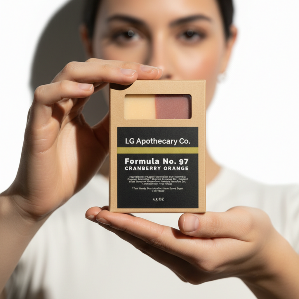 Person holding a box of LG Apothecary Co. Formula No. 87 Cranberry Orange product.