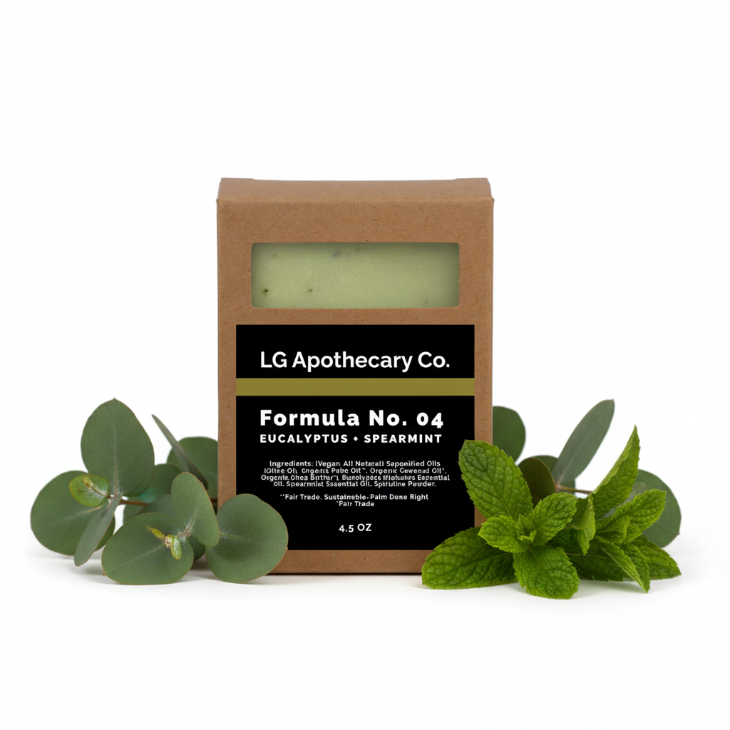 LG Apothecary Co. soap bar with eucalyptus and spearmint leaves on a white background