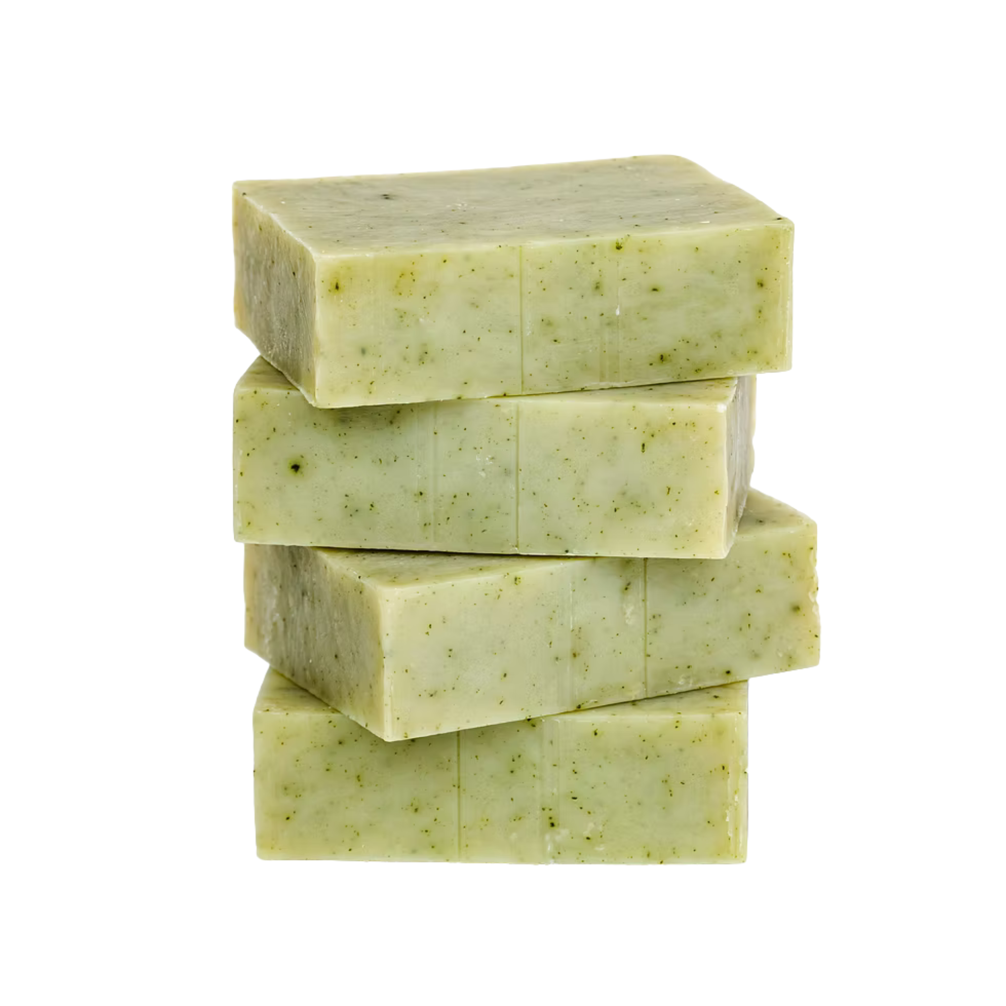 Stack of green soap bars on a white background