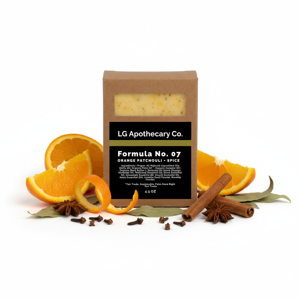 Bar of soap with 'LG Apothecary Co.' packaging, surrounded by orange slices, cinnamon sticks, and star anise on a white background.