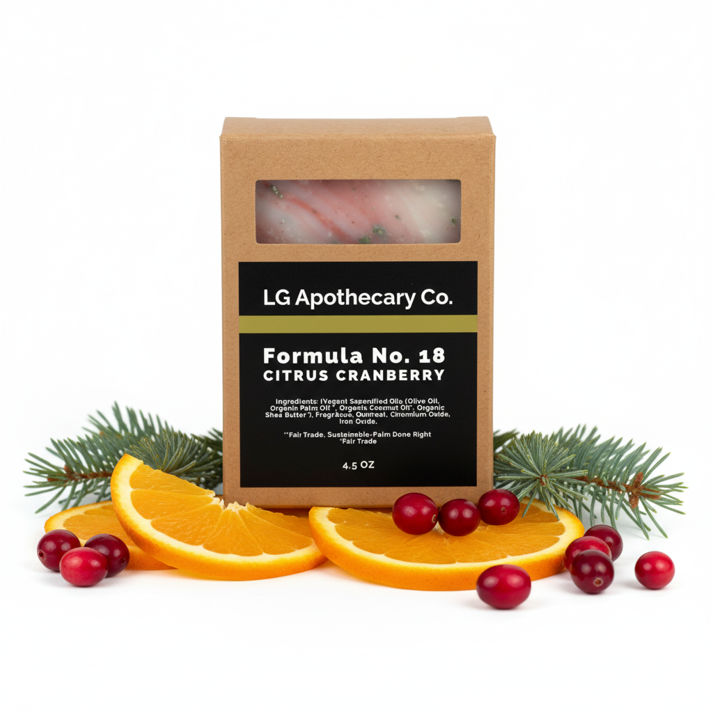 LG Apothecary Co. soap bar with citrus cranberry scent surrounded by orange slices and cranberries on a white background