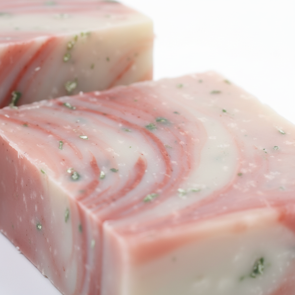 Macro close-up of Formula No. 18 soap bar showing pink and white artisanal swirls with green botanical specks.