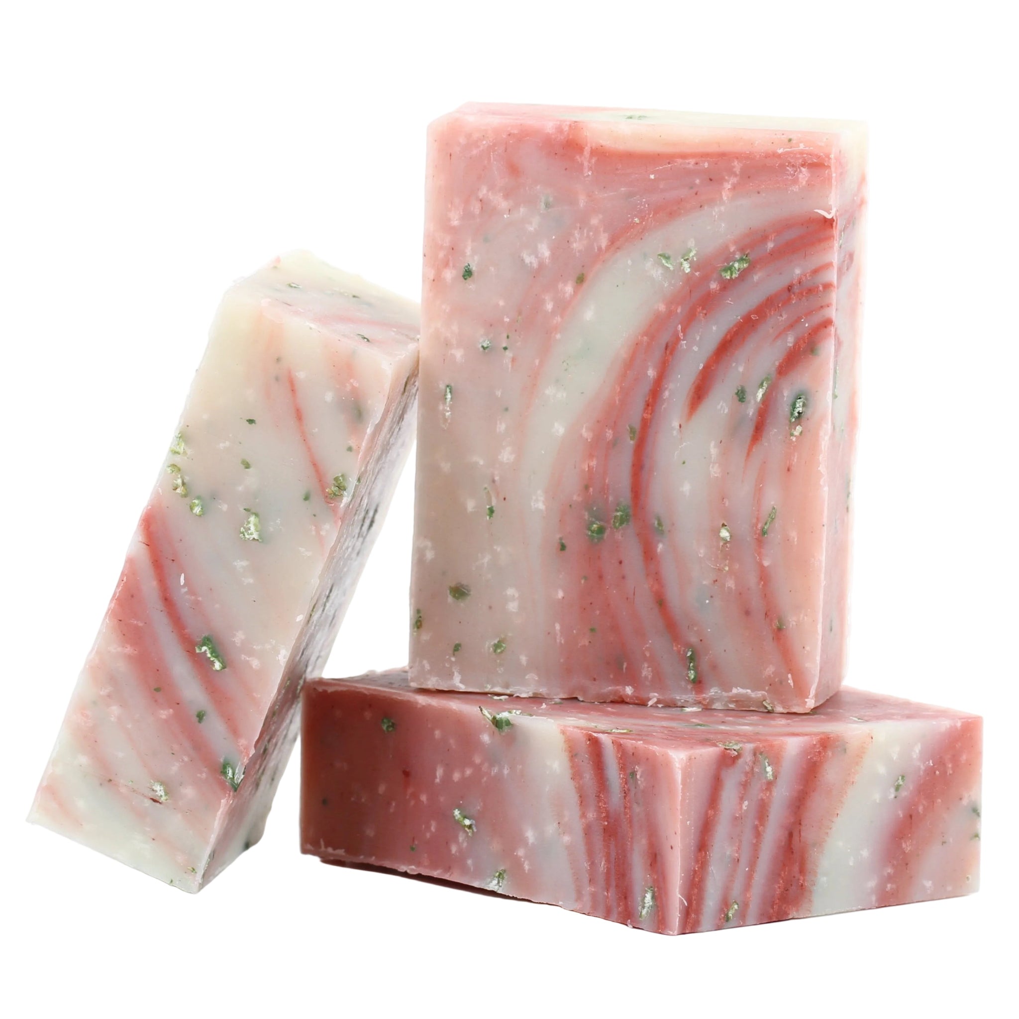 Three bars of formula no 18 marbled soap with pink and white swirls on a white background