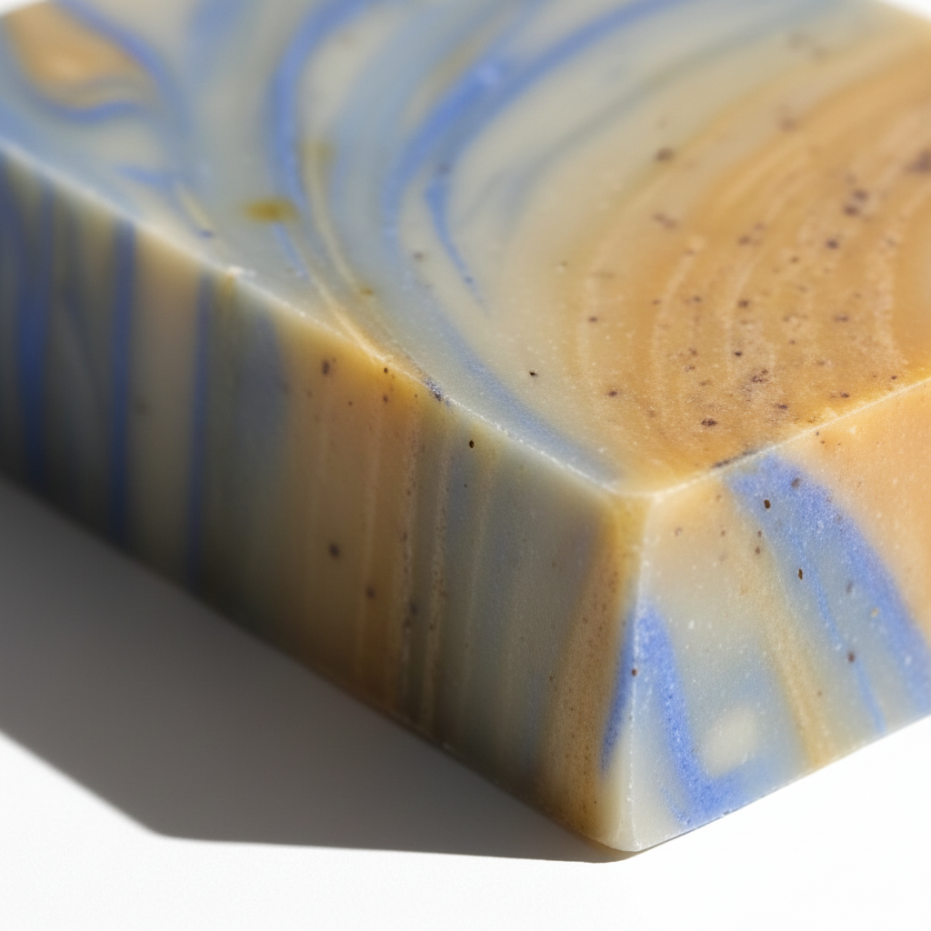 Close-up of a bar of soap with blue and beige swirls on a white background,   