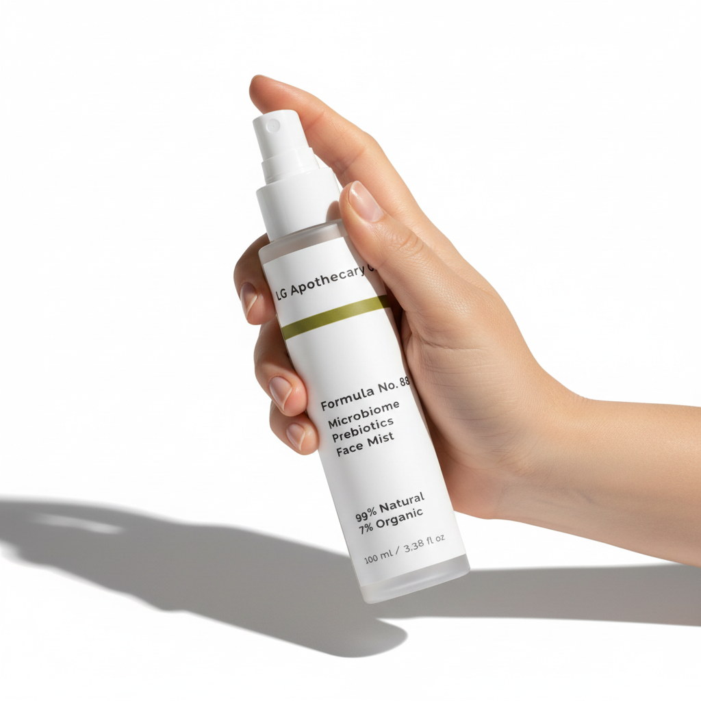Hand holding a bottle of LG Apothecary Face Mist on a white background