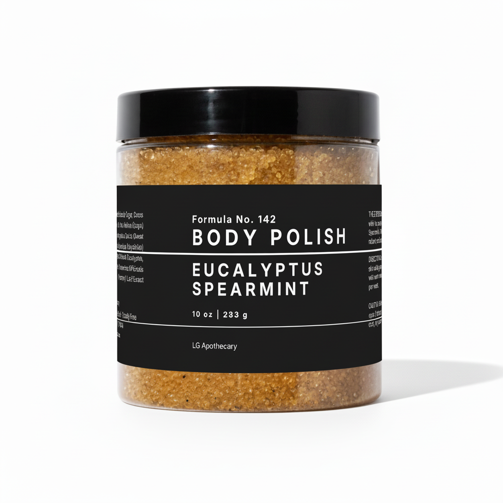 Jar of body polish with eucalyptus spearmint scent on a white background