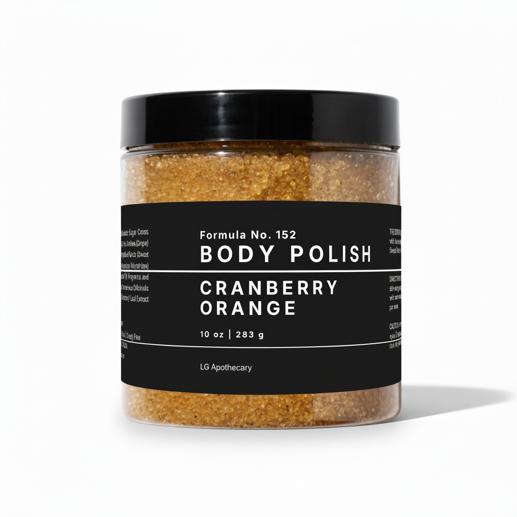 Jar of body polish labeled 'Cranberry Orange' on a white background