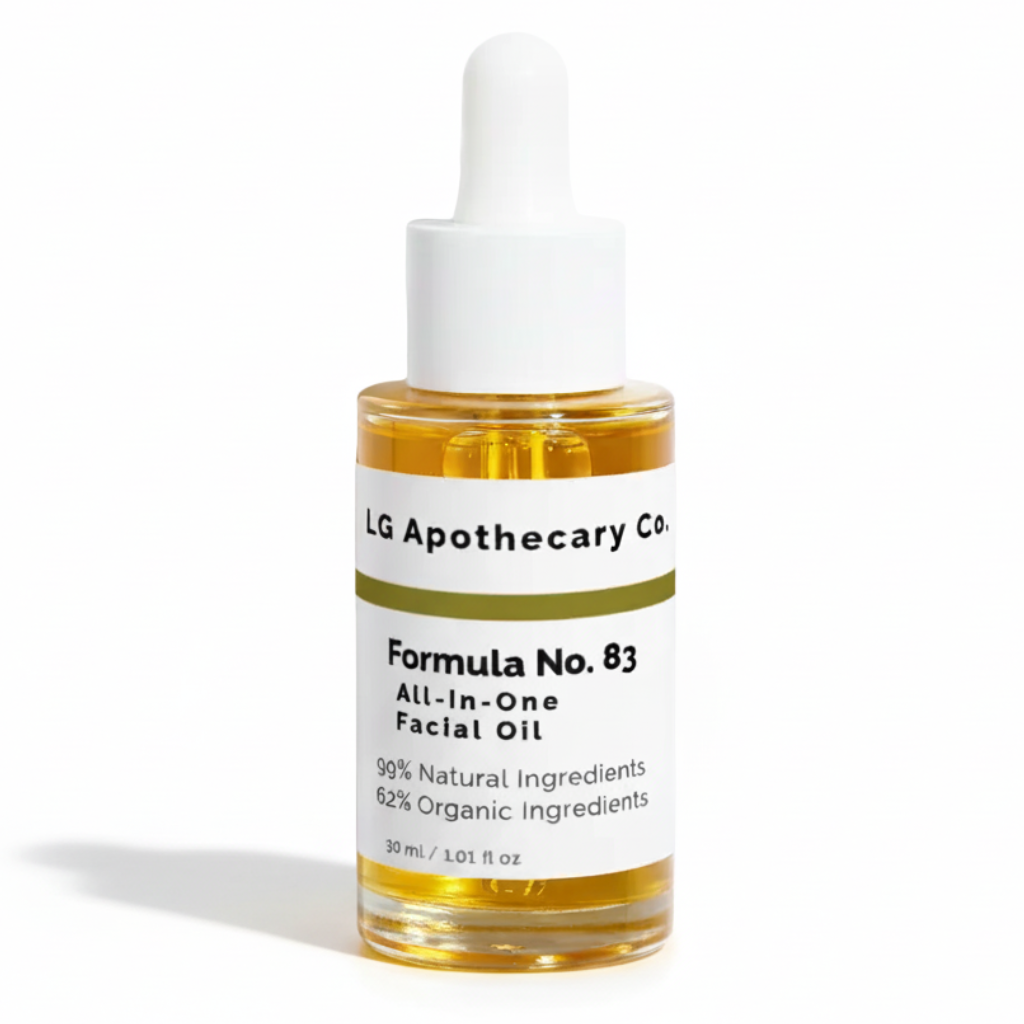 Bottle of LG Apothecary Co. Formula No. 83 All-in-One Facial Oil on a white background