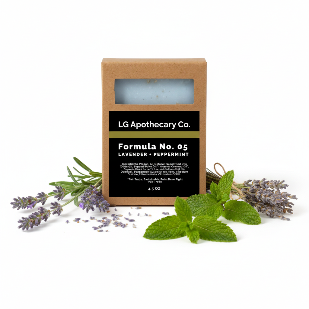 LG Apothecary Co. soap bar with lavender and peppermint leaves on a white background