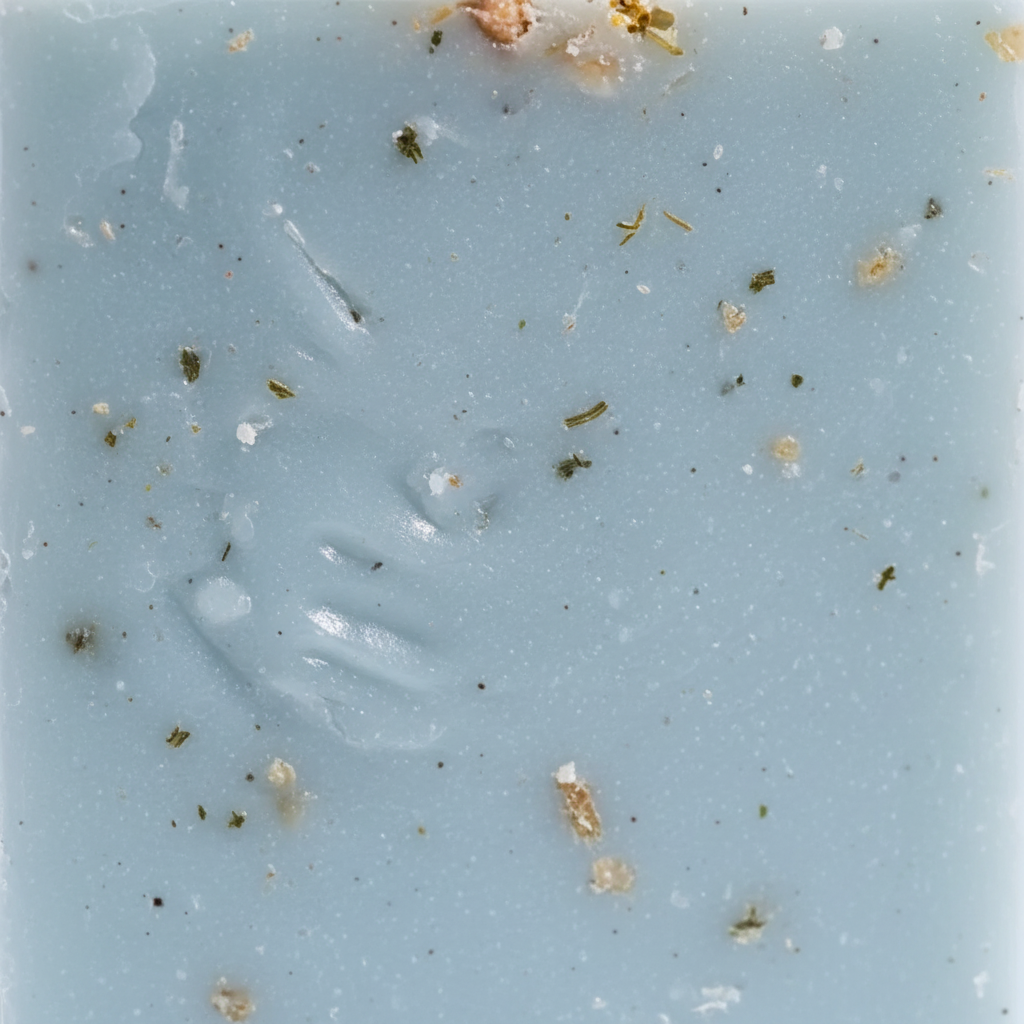 Close-up of a textured blue surface with small debris particles