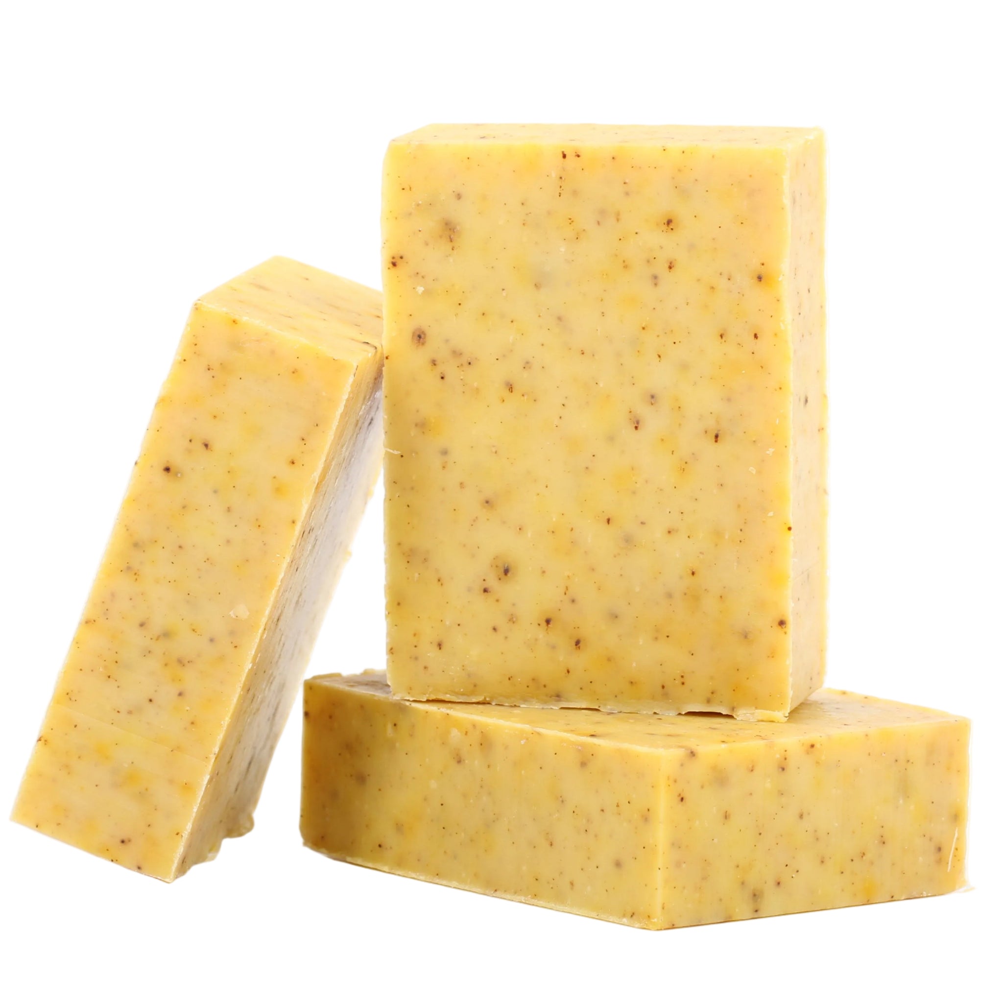 Three yellow soap bars stacked on a white background