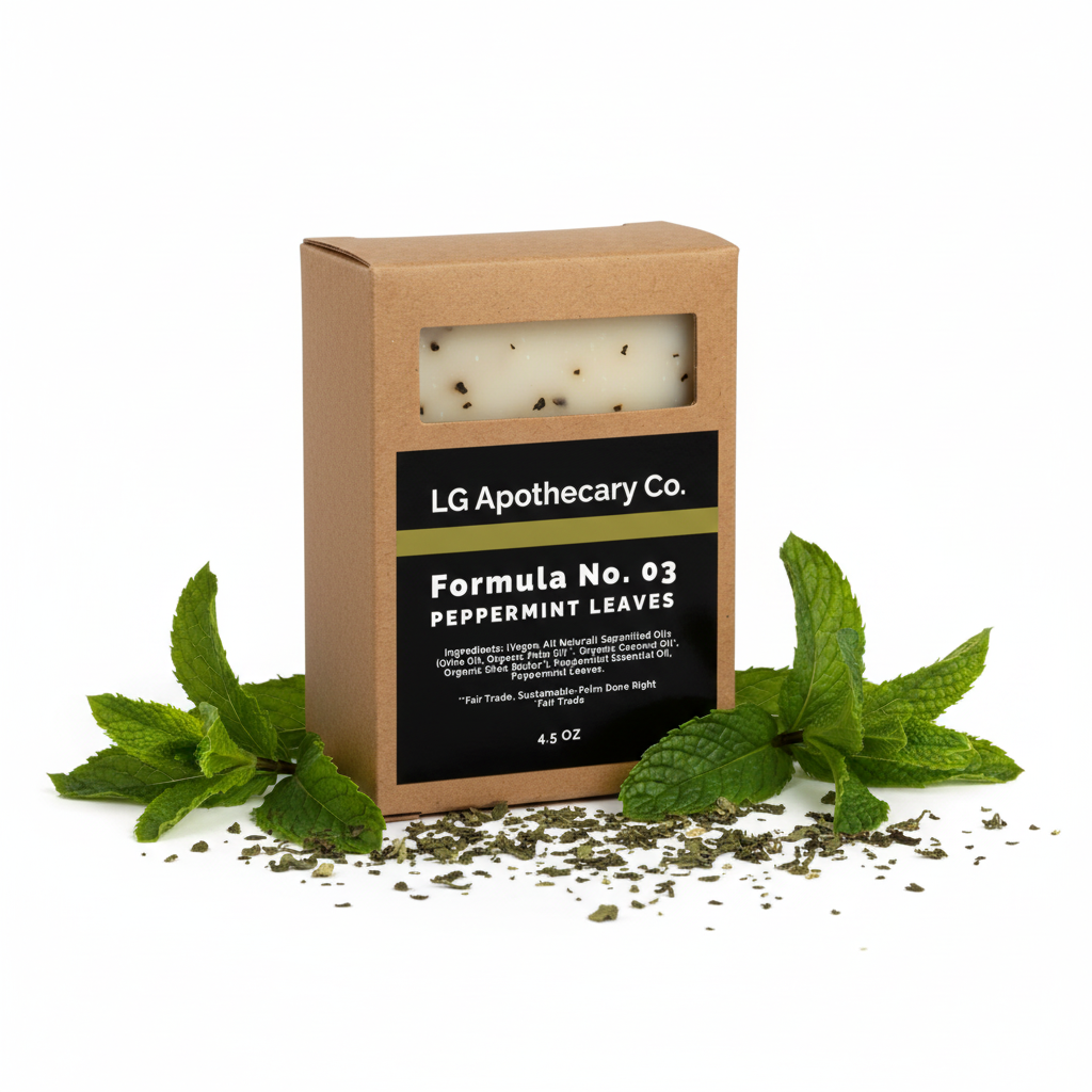 Peppermint Leaves boxed soap with label, soap, and peppermint styling