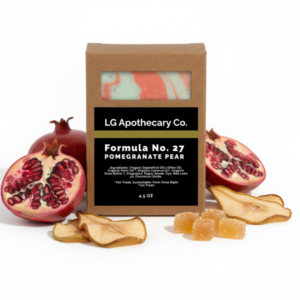LG Apothecary Co. soap bar with pomegranate and pear elements on a white background