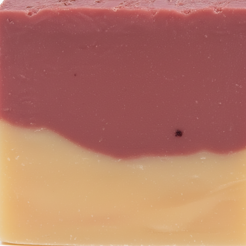 Two-tone soap bar with a gradient from red to beige.