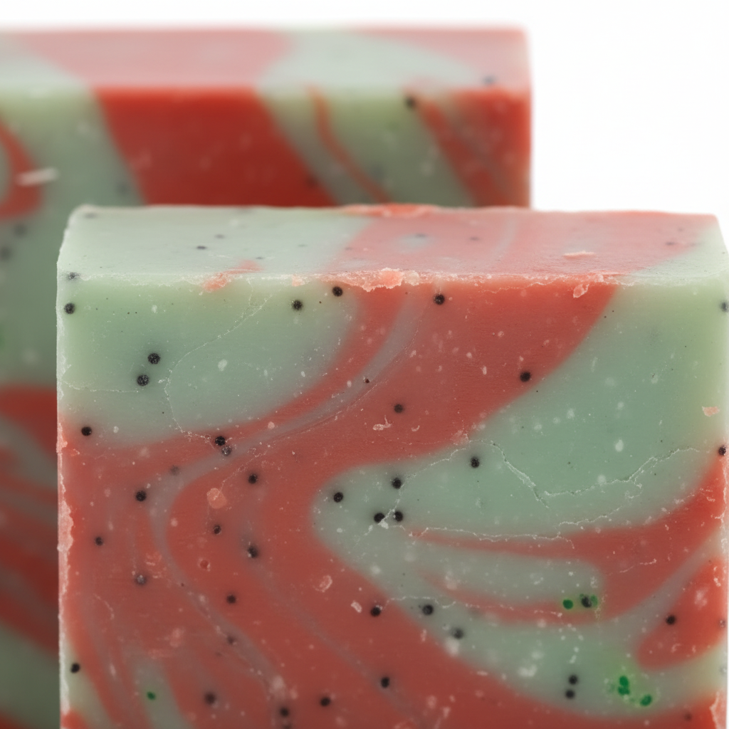 Bar of soap with pink and green swirls and black specks on a white background