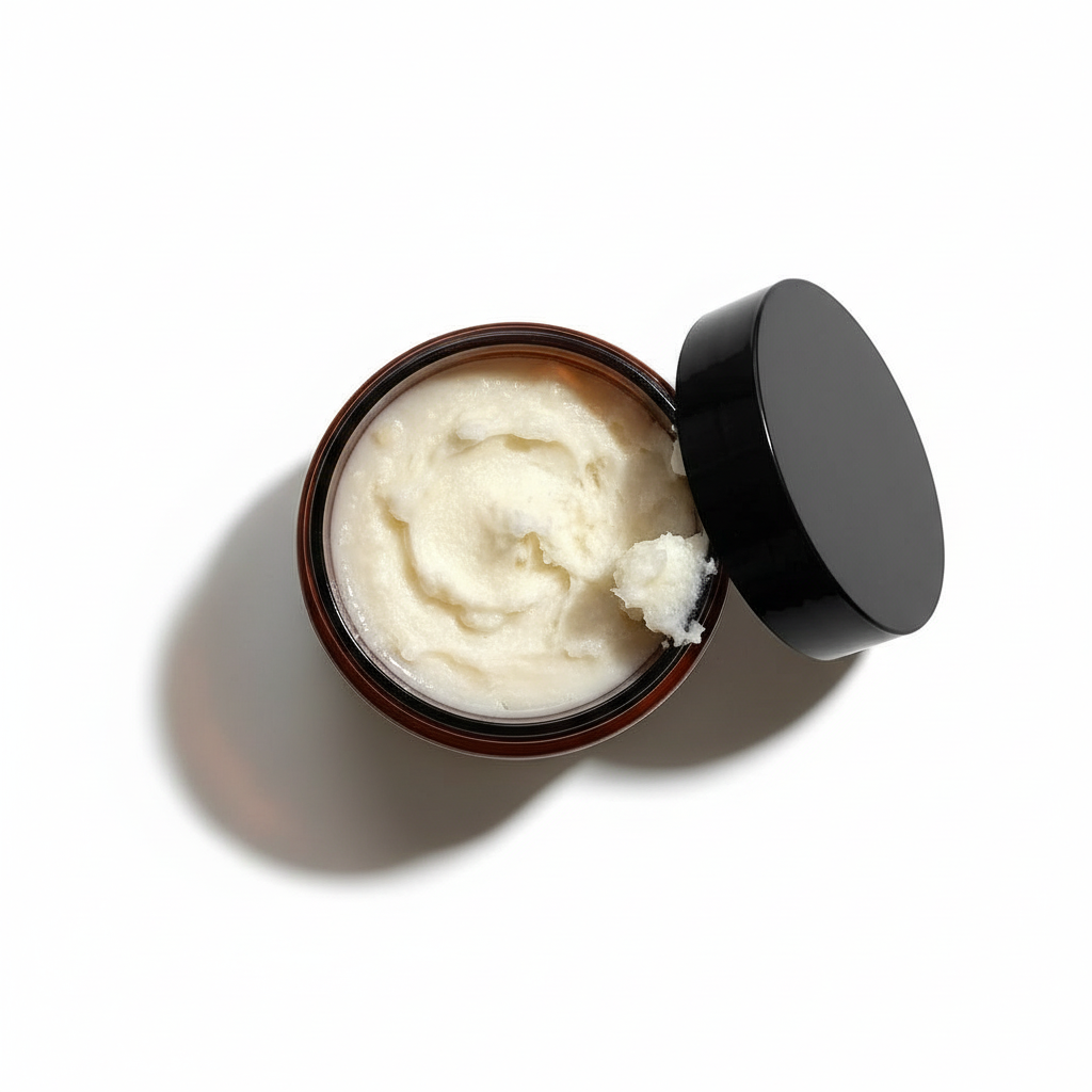 Open jar of Formula No. 32 Restorative Foot Balm showing thick white cream on white background.