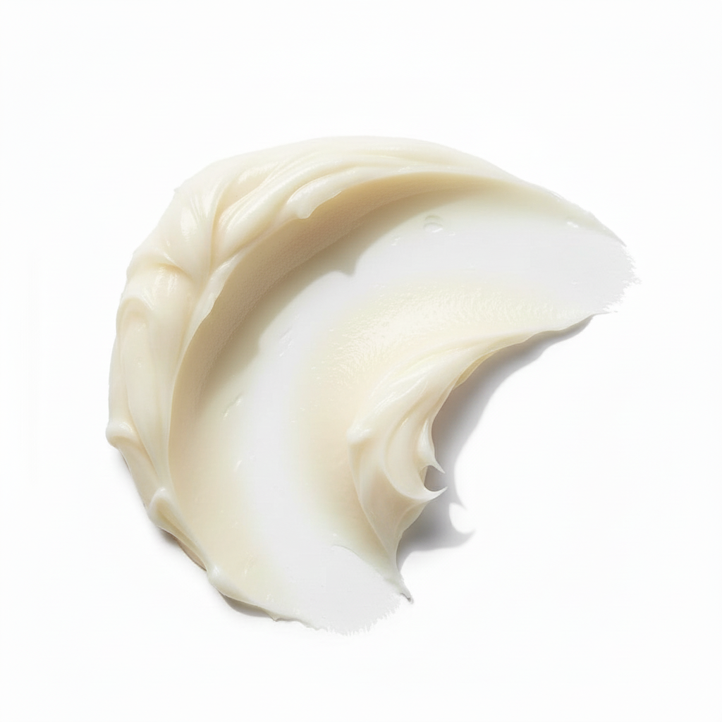 Creamy white texture smear of Formula No. 32 Restorative Foot Balm on a pure white background with soft shadows.