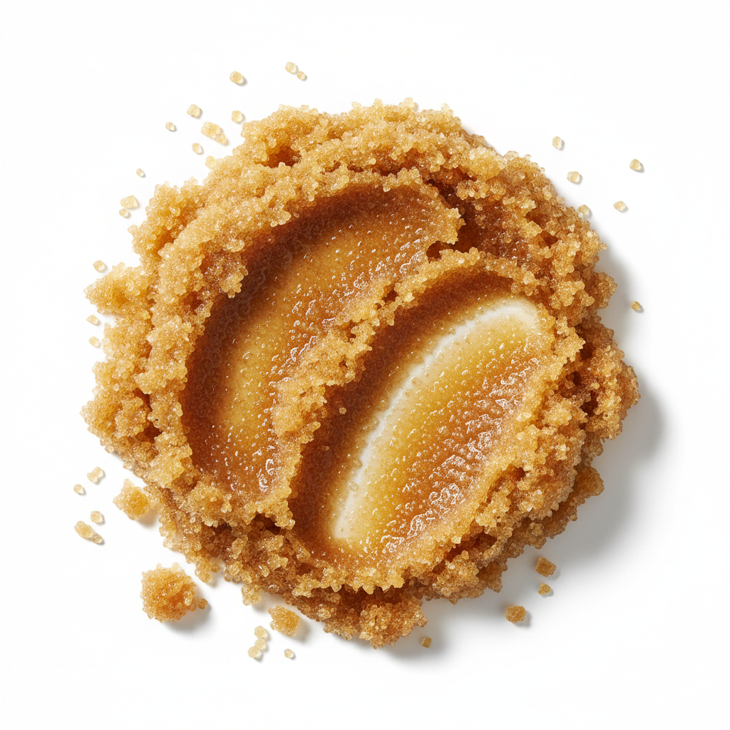 Brown sugar with a central cavity on a white background